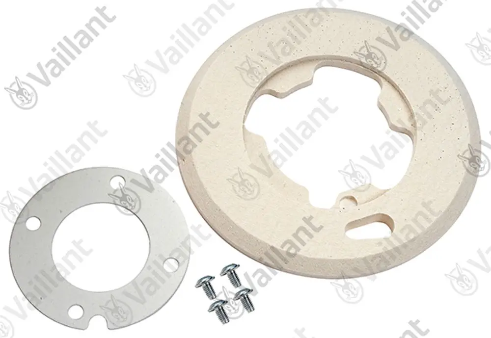 Vaillant Isolierplatte bestehend aus einer runden, hellen Platte und einem metallischen Ring. Im Lieferumfang sind dazu Schrauben enthalten.